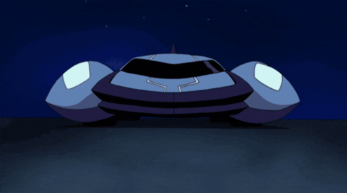 a drawing of a futuristic vehicle with lights on at night