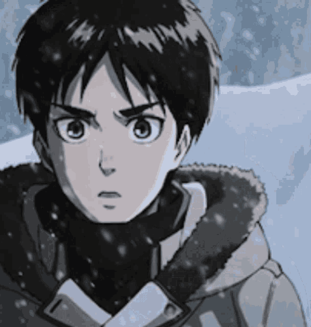 a close up of a person 's face with snow falling in the background