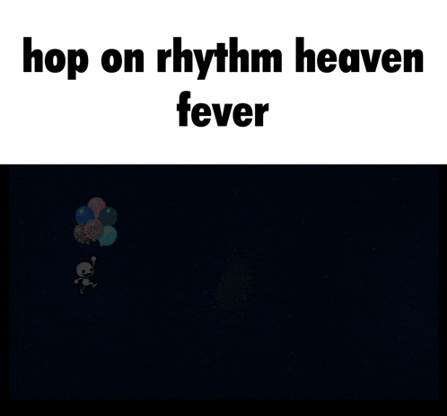 a cartoon character is flying through the air with balloons and the words hop on rhythm heaven fever above him
