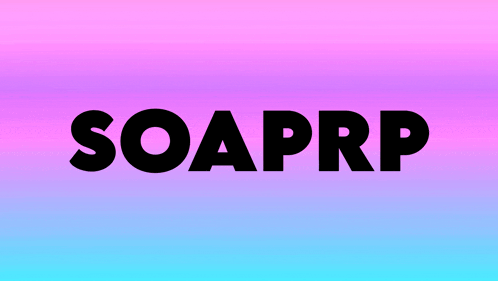 the word soaprp is written in black letters on a pink and blue background