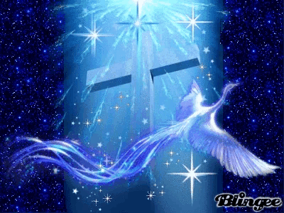 a picture of a cross and a bird with the word blingee at the bottom