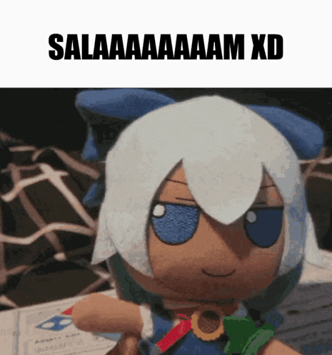a stuffed doll with white hair and blue eyes says salaaaaaam xd on the bottom