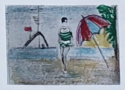 a painting of a person walking on a beach