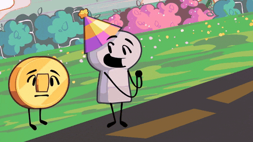 a cartoon character wearing a party hat is standing next to a gold coin