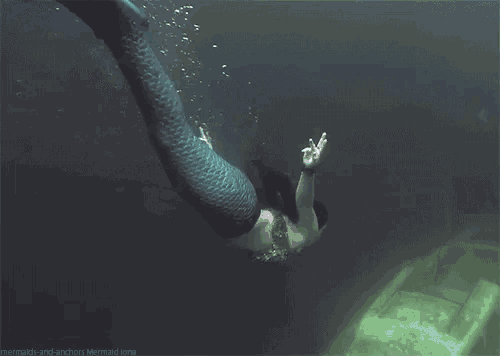 a picture of a mermaid swimming next to a boat with the website mermaids-and-anchors mermaid.org