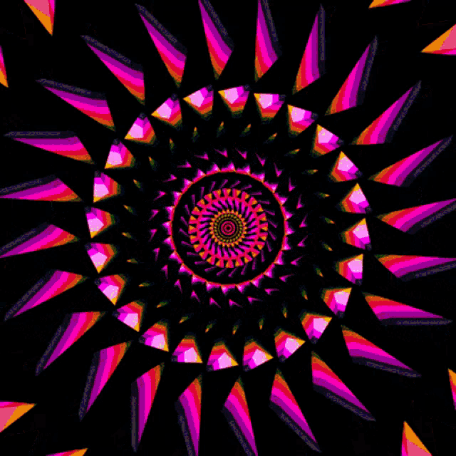an optical illusion of a swirl of green and yellow rays on a black background