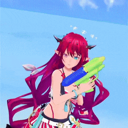 a girl with long red hair is holding a water gun