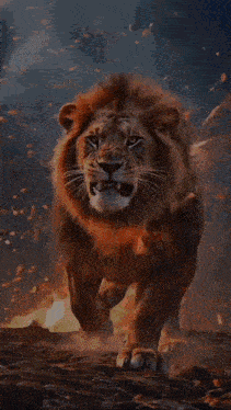 a lion is walking through a fire and lightning storm with its mouth open .