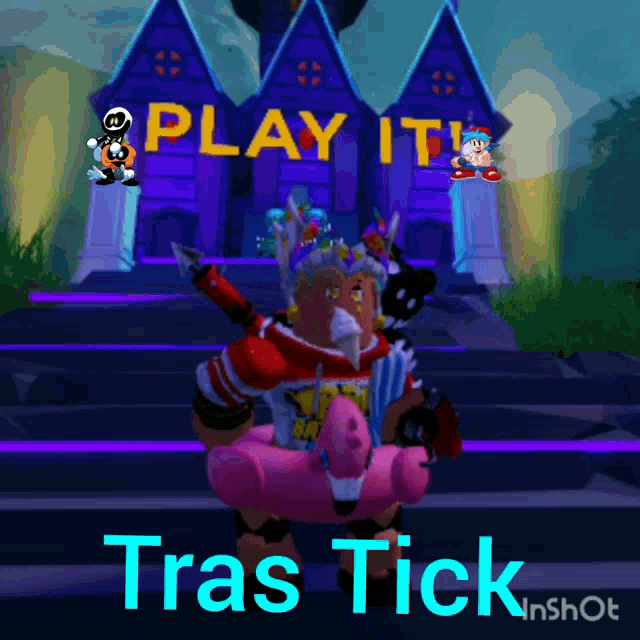 a cartoon character is standing in front of a sign that says " play it "
