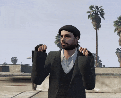 a man with a beard is wearing a suit and a hat