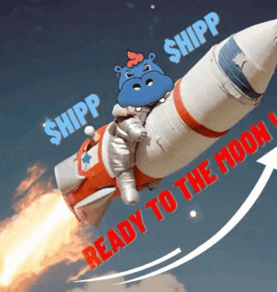 a cartoon of a hippo riding a rocket that says ready to the moon on it