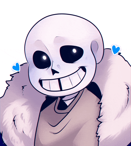 a cartoon drawing of a skeleton with blue hearts on his ears