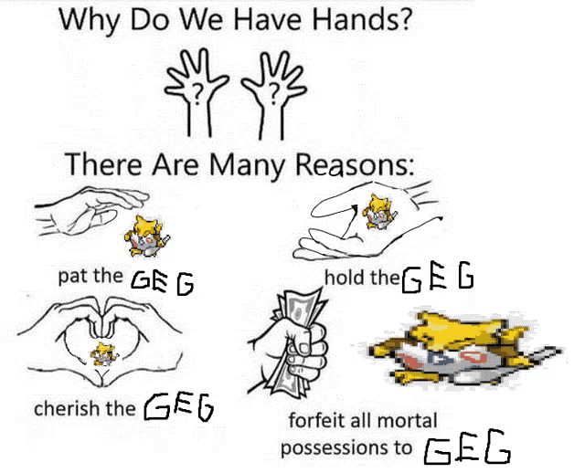 why do we have hands ? there are many reasons : pat the geg hold the geg cherish the geg