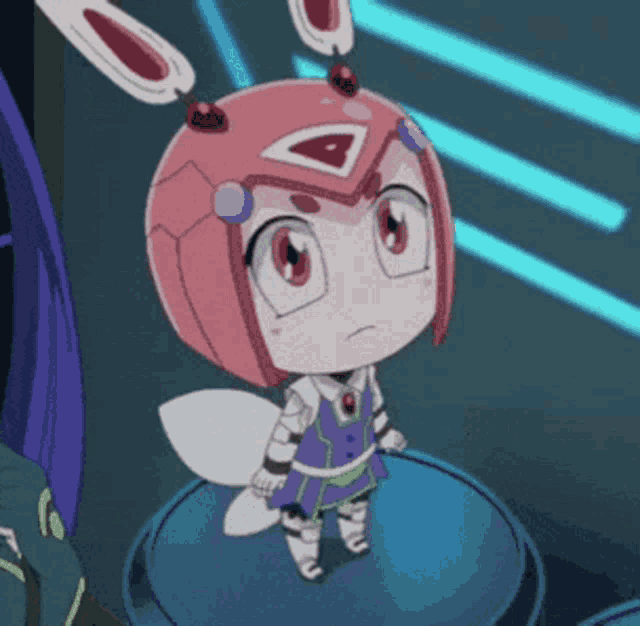 a cartoon character is wearing a pink helmet with a red triangle on it