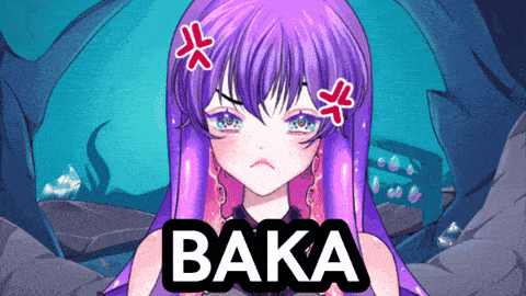 a cartoon girl with purple hair and the word baka on the bottom