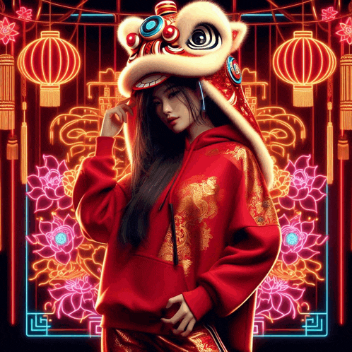 a woman wearing a red hoodie and a lion costume