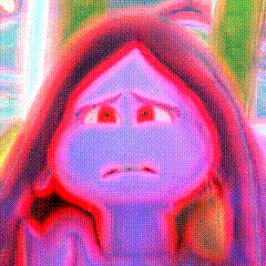 a close up of a cartoon character with a sad expression on her face