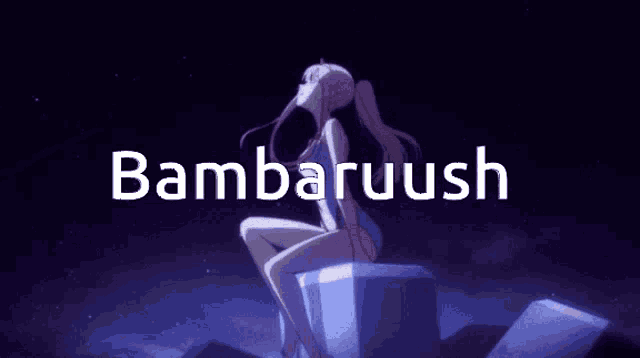 a picture of a girl sitting on a cube with the words bamboruush written above her