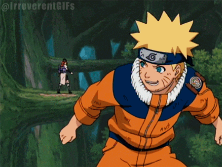 a cartoon of naruto running through a forest with a man in a blue shirt behind him