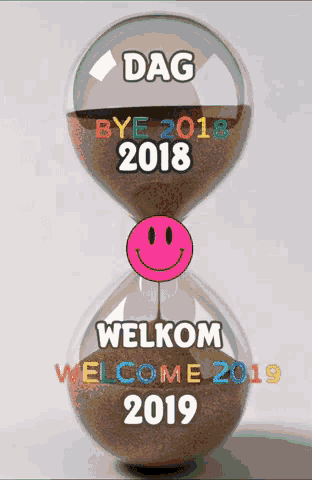 an hourglass with the words dag bye 2018 welkom welcome 2019 on it