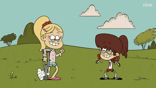 a cartoon of a girl with crutches standing next to a girl with glasses and the nick logo on the bottom