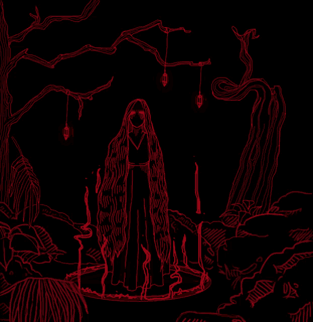 a drawing of a woman with long hair in a forest