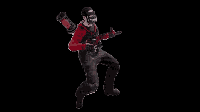 a man in a red jacket and black pants is holding a gun and a rocket launcher on his back .