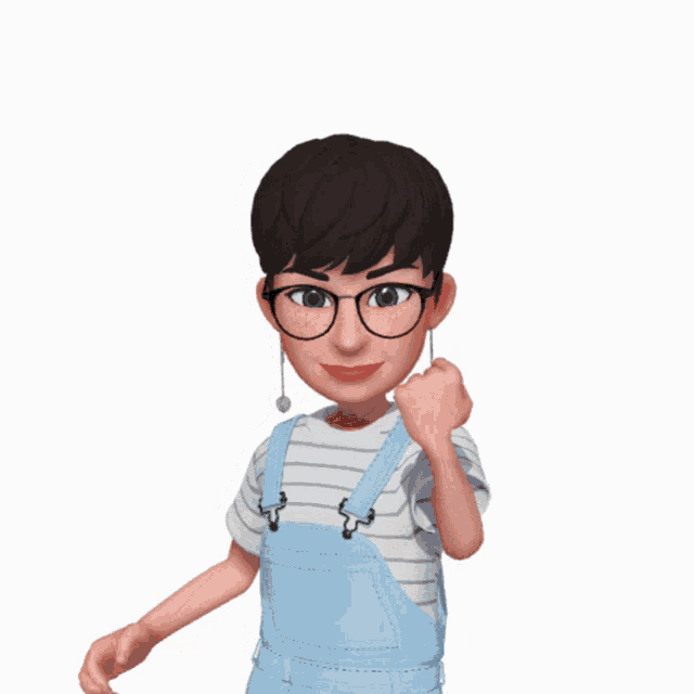 a cartoon girl wearing glasses and overalls is raising her fist in the air