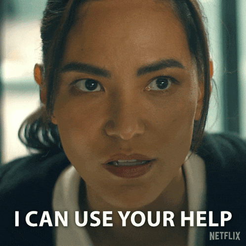 a close up of a woman 's face with the words i can use your help above her