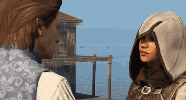 a man and a woman are looking at each other in front of the water