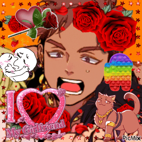 a picture of a man with roses on his head and the words i love my girlfriend on the bottom