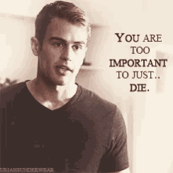 a man is wearing a black shirt with a quote that says you are too important to just die .