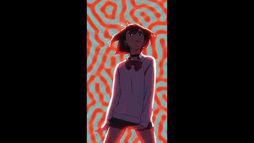 a girl in a school uniform stands in front of a colorful background