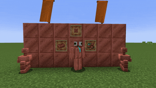 a minecraft screenshot of a brick wall with a banner on top