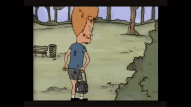 a cartoon of beavis and butthead standing in a park holding a boombox