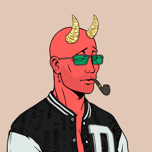 a drawing of a devil wearing sunglasses and smoking a pipe with ark 33 written in white