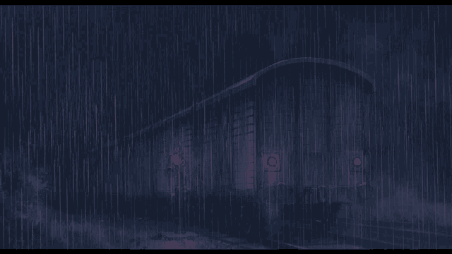 a train in the rain with red lights on the side