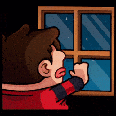 a cartoon of a boy looking out a window