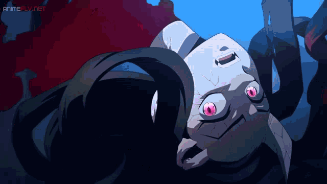 a cartoon of a girl with pink eyes and the words animeflv.net at the top