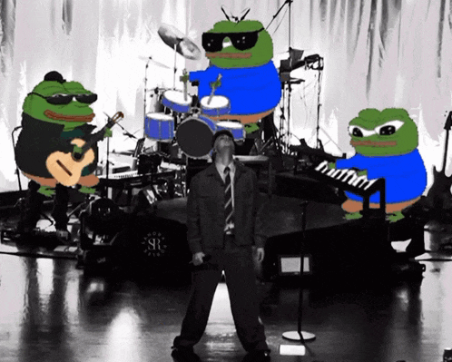 a man singing in front of a microphone with frogs playing instruments in the background