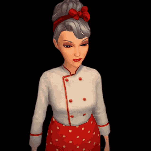a woman with gray hair and a red bow in her hair is wearing a chef 's uniform