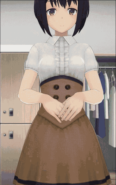 a girl in a white shirt and brown skirt is standing in a locker room