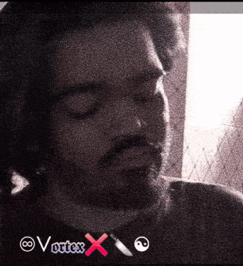 a close up of a man 's face with the words vortex x on the bottom right