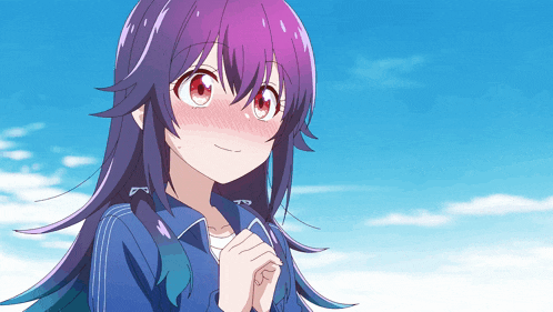 a girl with purple hair is wearing a blue jacket and smiling