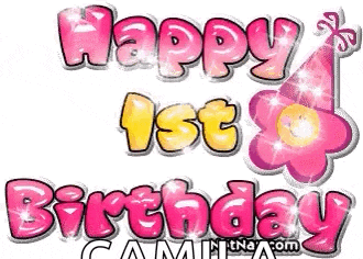 a happy 1st birthday greeting card for a girl with a pink flower and a party hat .
