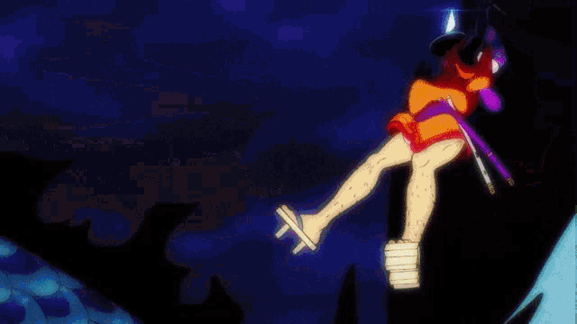 a cartoon character is standing on a blue surface with a sword in her hand