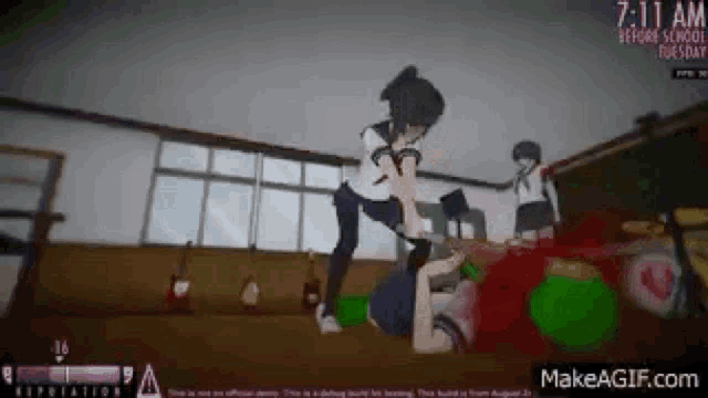 a girl is fighting another girl in a video game in a classroom .