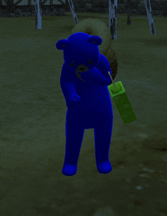 a blue teddy bear holding a broom and a bag
