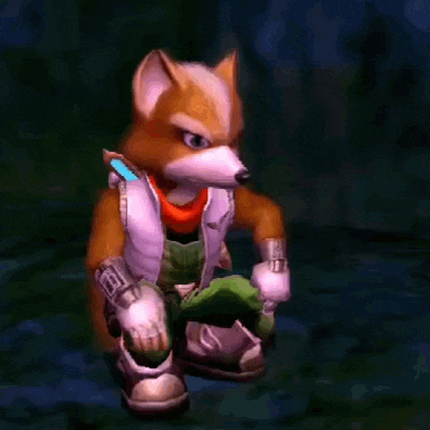 a cartoon fox is kneeling down with his hands outstretched .