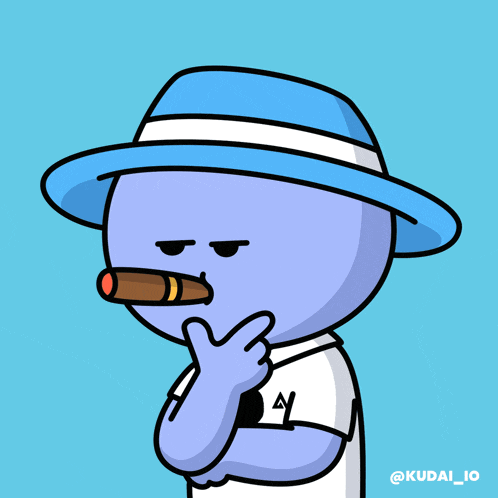 a cartoon character is wearing a hat and smoking a cigar with the name kudai_io below him